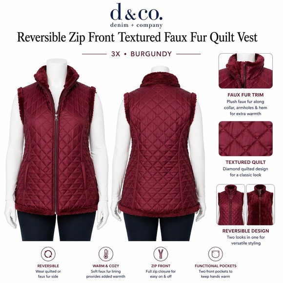Denim & Co. Jackets & Blazers - Denim & Co Womens 3X Burgundy Reversible Quilted Faux Fur Zip Front Vest New